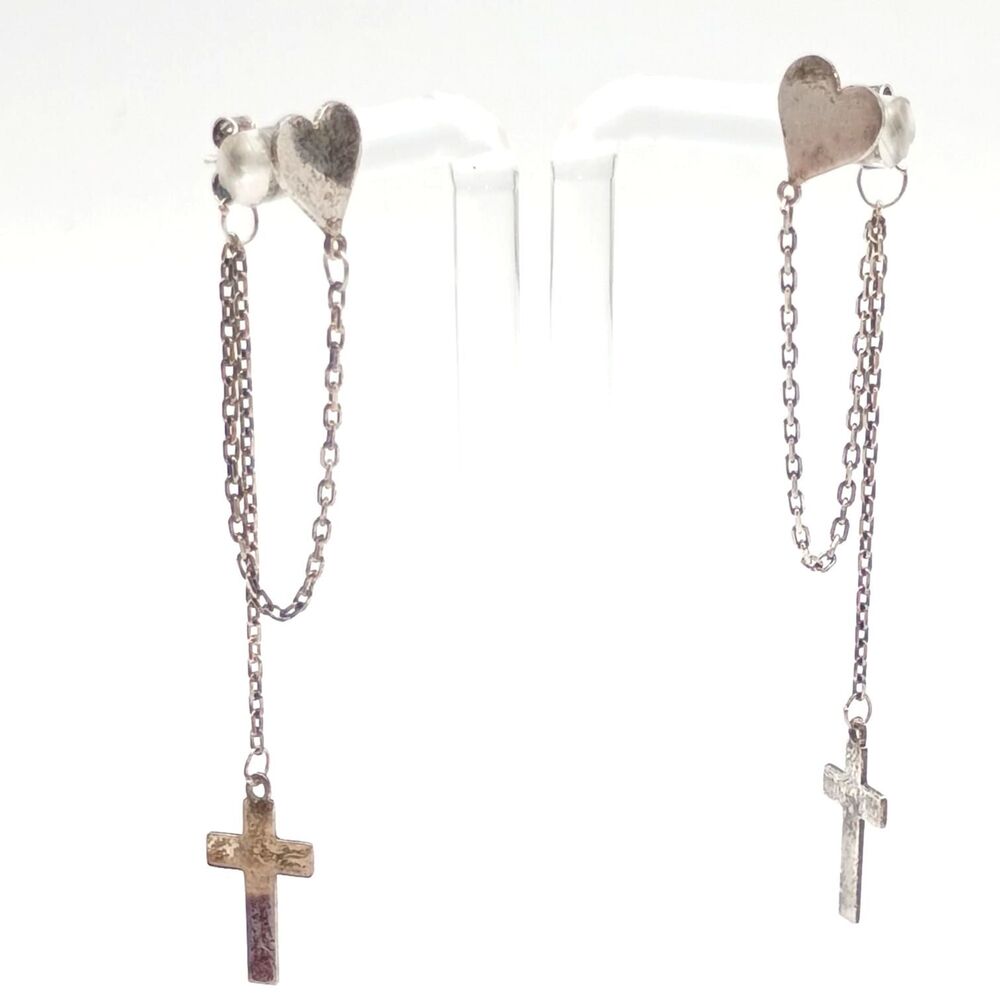 Sterling Silver Heart and Cross Dangling Chain Earrings